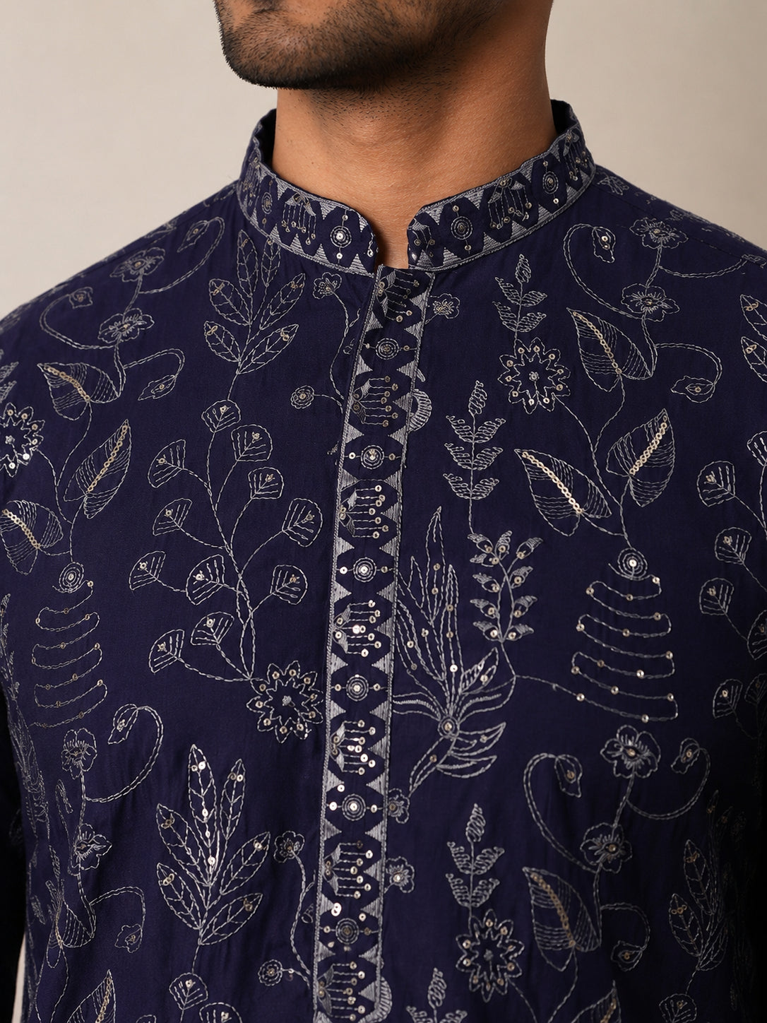 Embroidered Silk Blend Kurta with Korean Pants