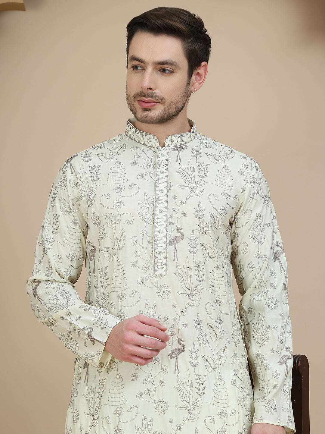 Embroidered Silk Blend Kurta Set for Men ( JOKP P 5246 White )