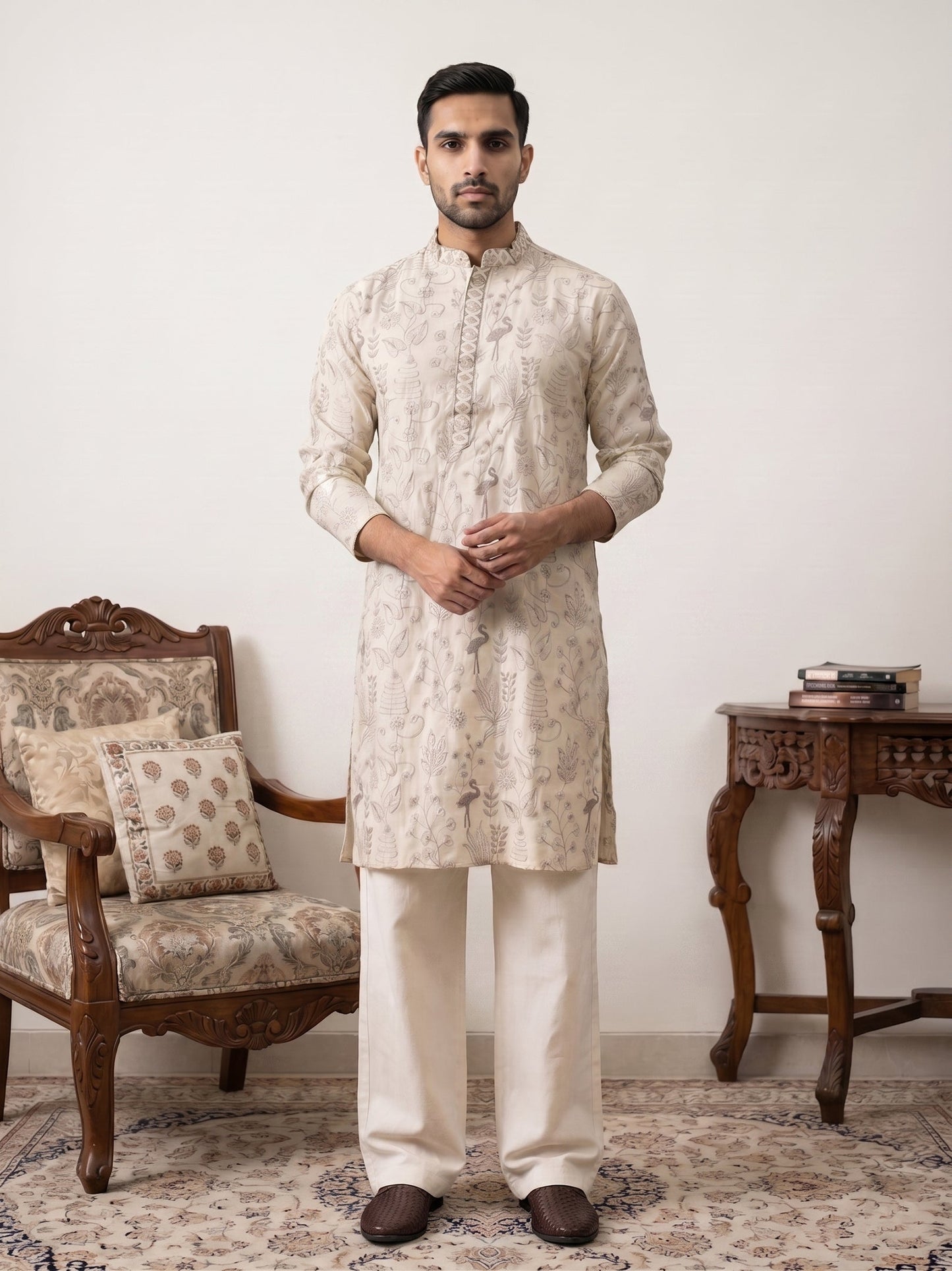 Embroidered Silk Blend Kurta with Korean Pants