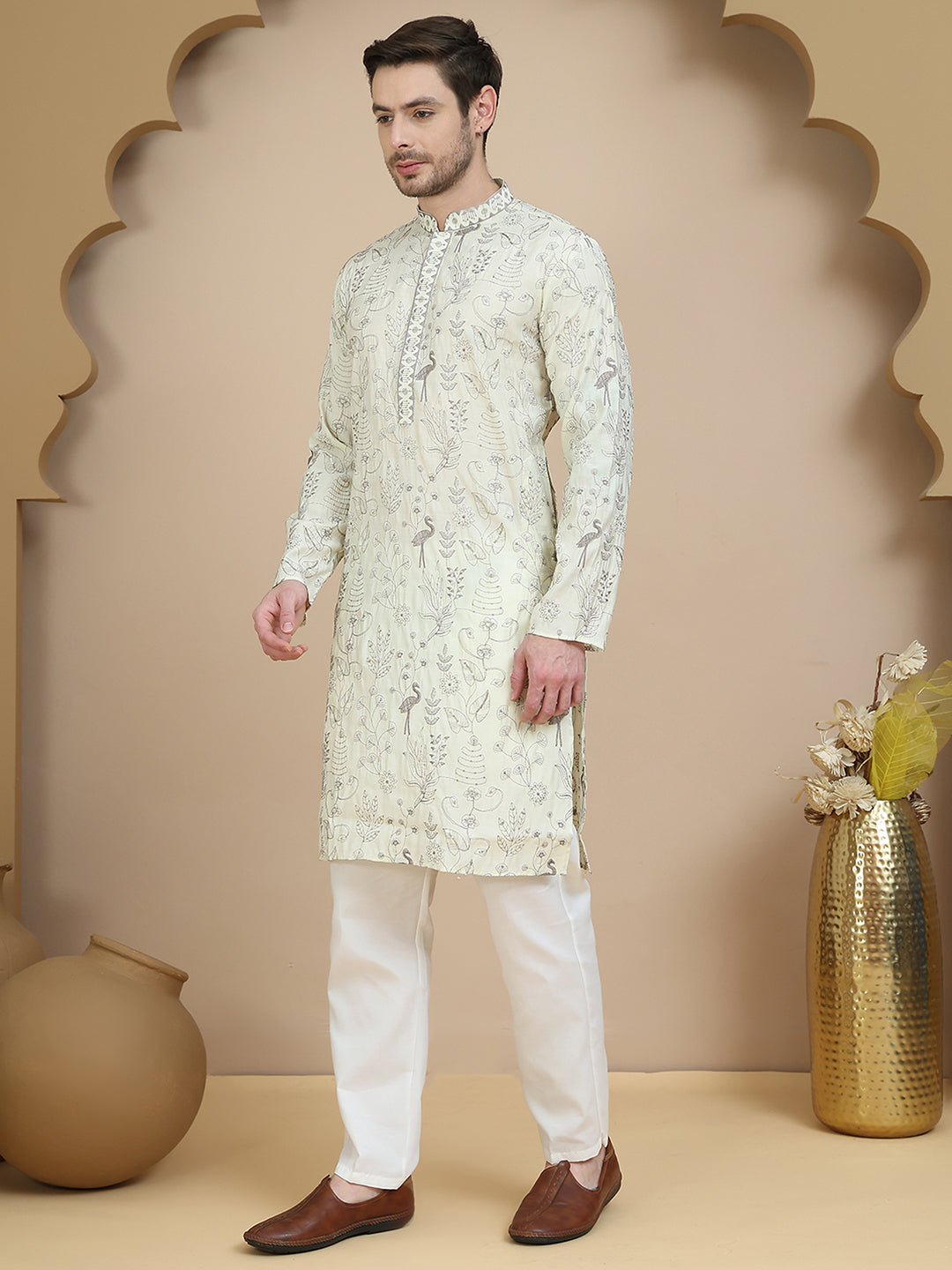 Embroidered Silk Blend Kurta Set for Men ( JOKP P 5246 White )