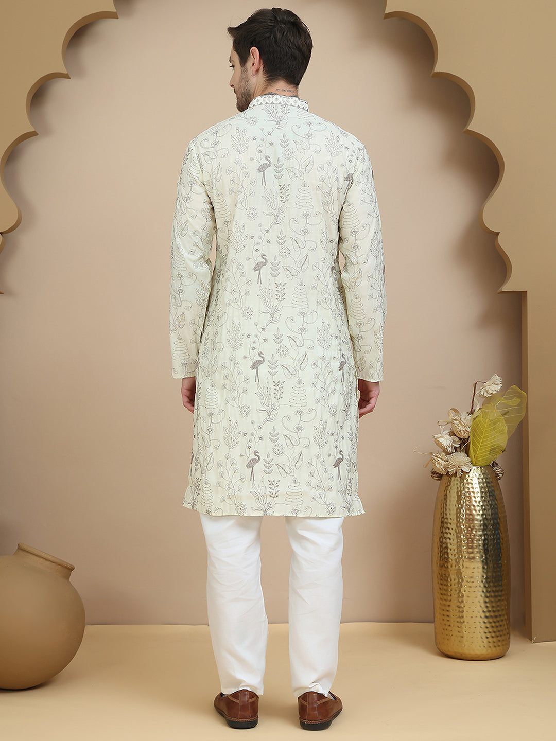 Embroidered Silk Blend Kurta Set for Men ( JOKP P 5246 White )