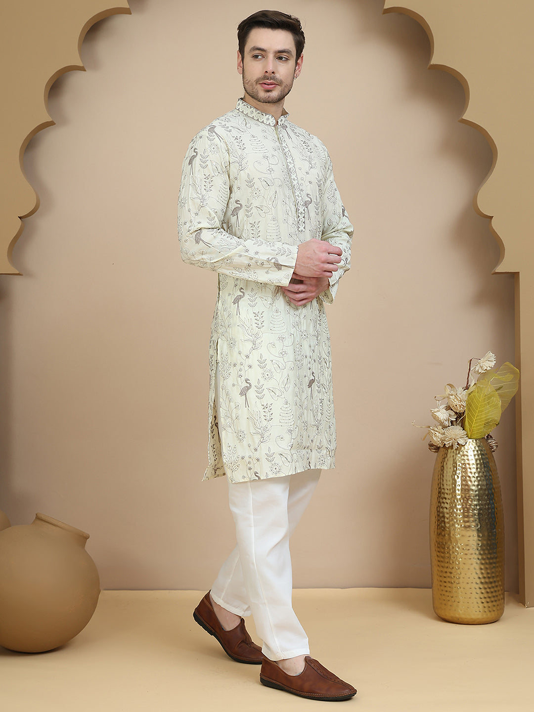 Embroidered Silk Blend Kurta Set for Men ( JOKP P 5246 White )