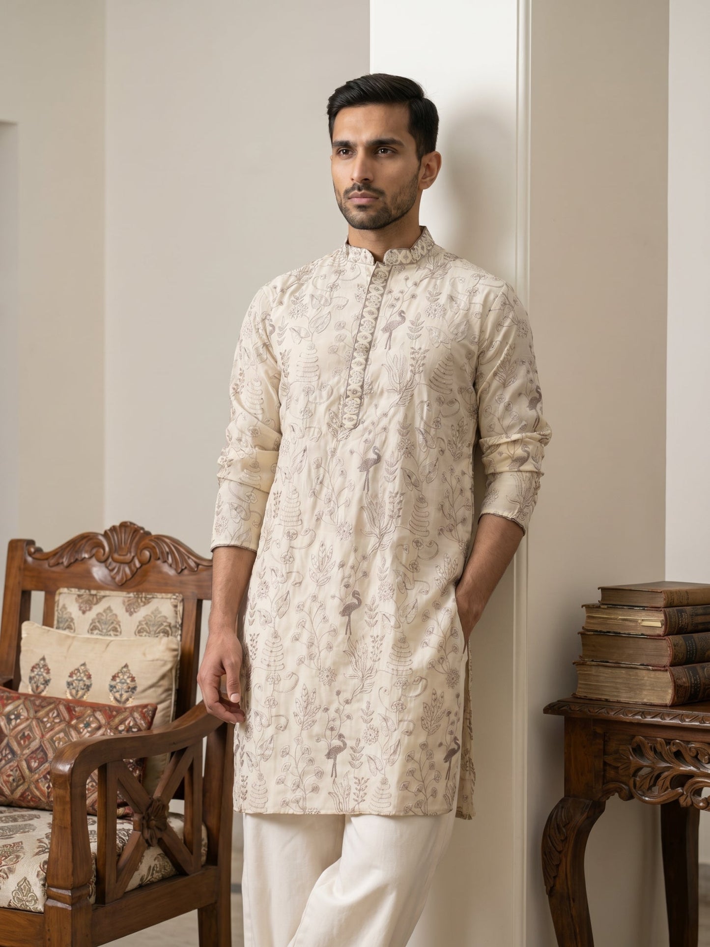 Embroidered Silk Blend Kurta with Korean Pants