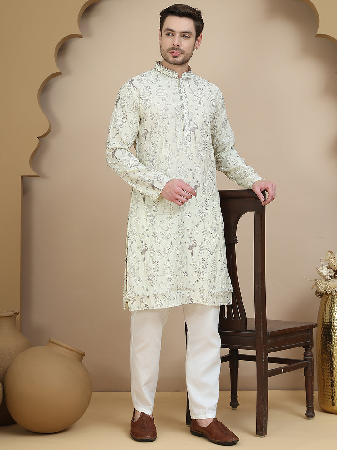 Embroidered Silk Blend Kurta Set for Men ( JOKP P 5246 White )