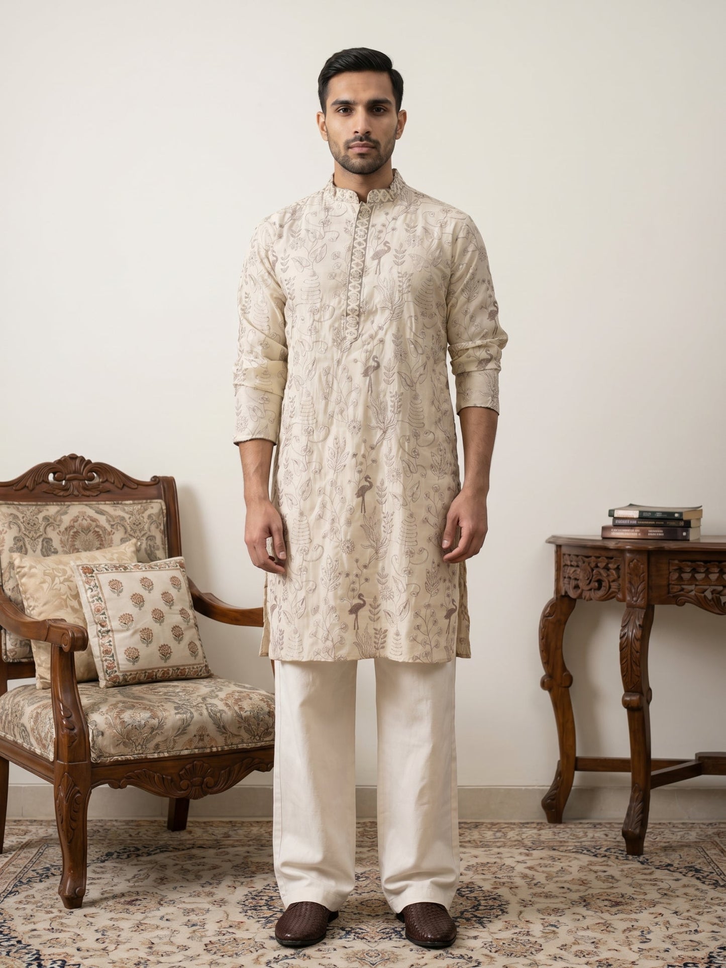 Embroidered Silk Blend Kurta with Korean Pants