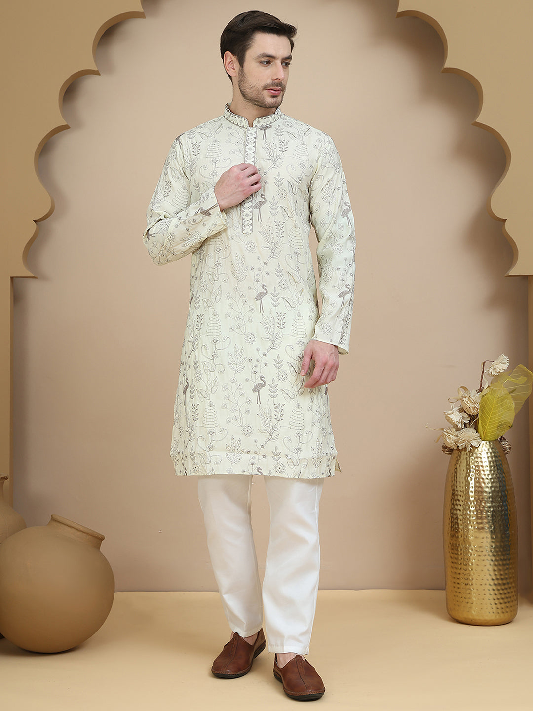Embroidered Silk Blend Kurta Set for Men ( JOKP P 5246 White )