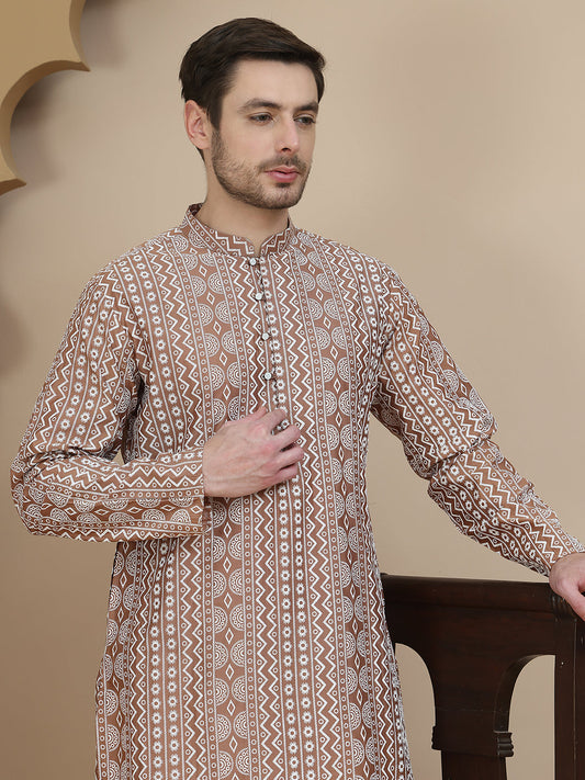 Geometric Print Silk Blend Straight Kurta Set for Men ( JOKP P 5250 Brown )