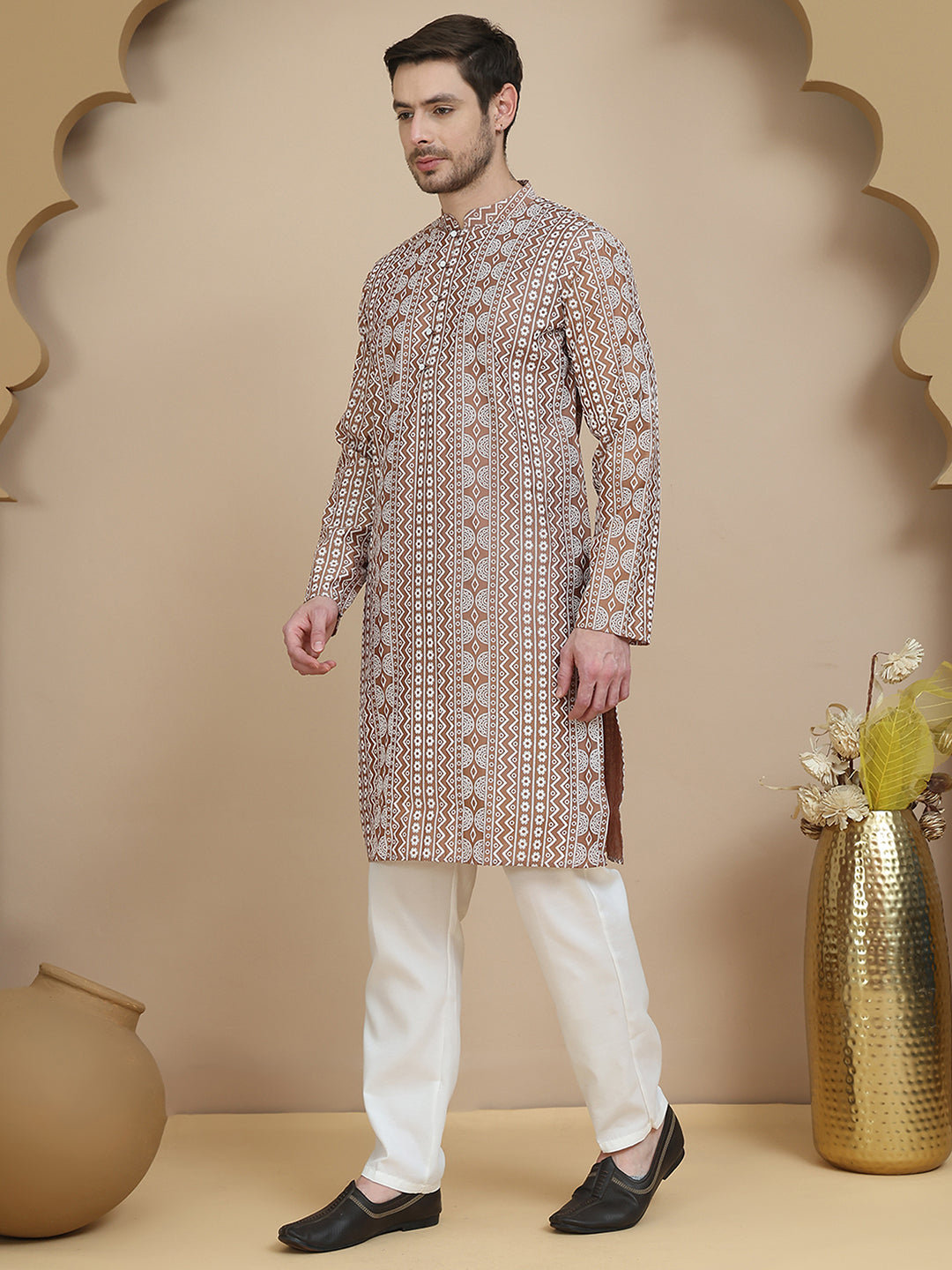 Geometric Print Silk Blend Straight Kurta Set for Men ( JOKP P 5250 Brown )