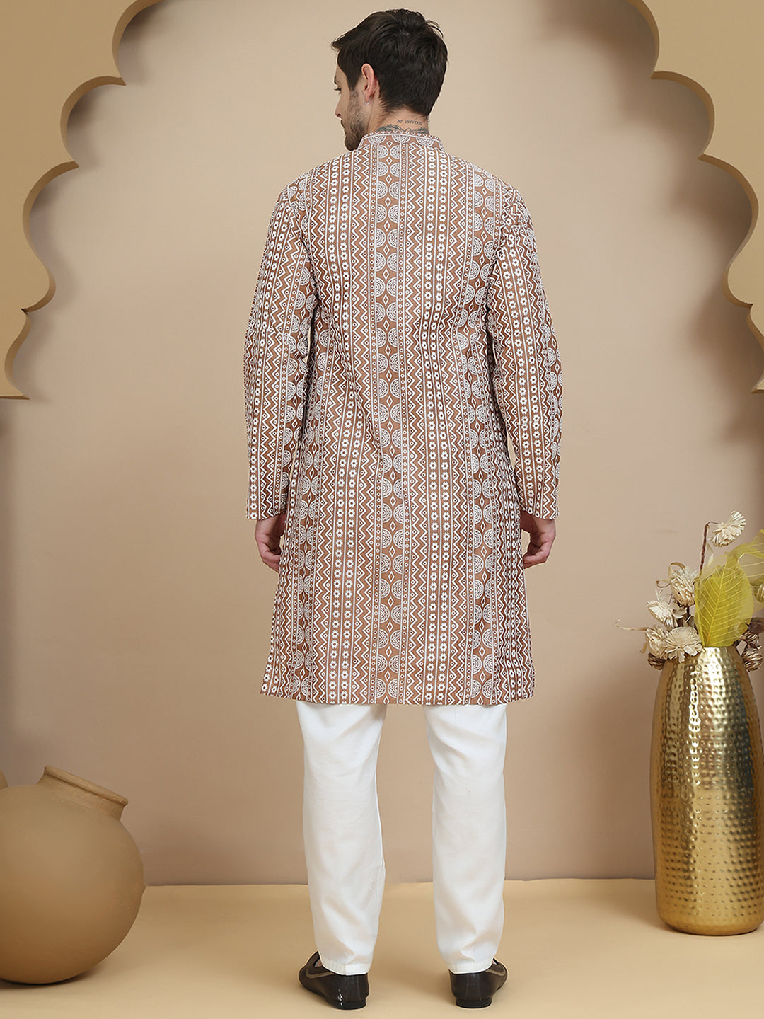 Geometric Print Silk Blend Straight Kurta Set for Men ( JOKP P 5250 Brown )