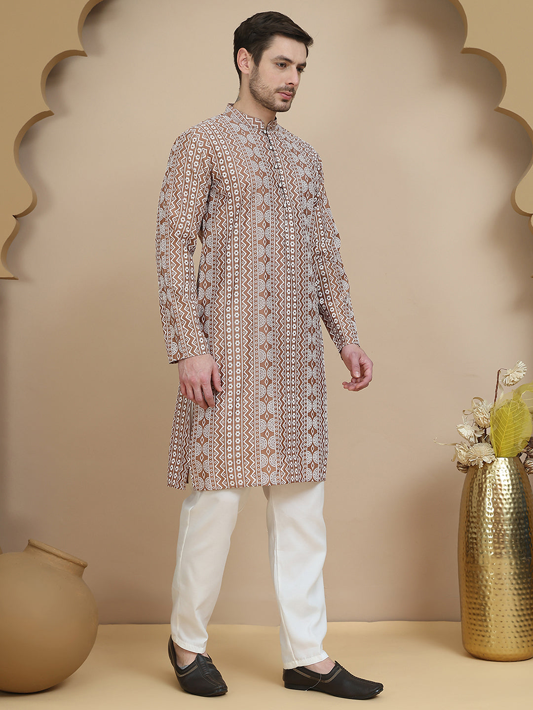 Geometric Print Silk Blend Straight Kurta Set for Men ( JOKP P 5250 Brown )