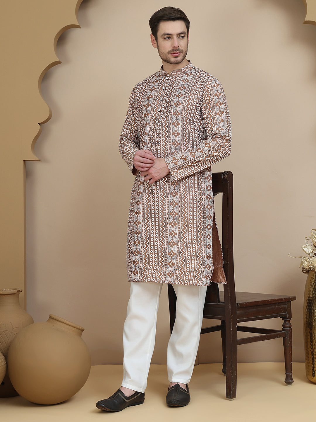 Geometric Print Silk Blend Straight Kurta Set for Men ( JOKP P 5250 Brown )