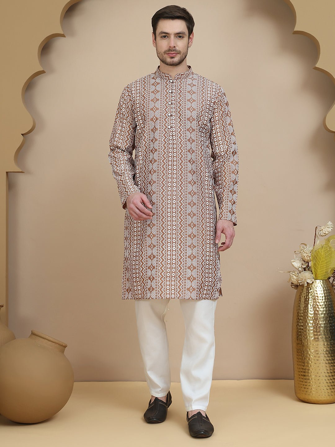 Geometric Print Silk Blend Straight Kurta Set for Men ( JOKP P 5250 Brown )