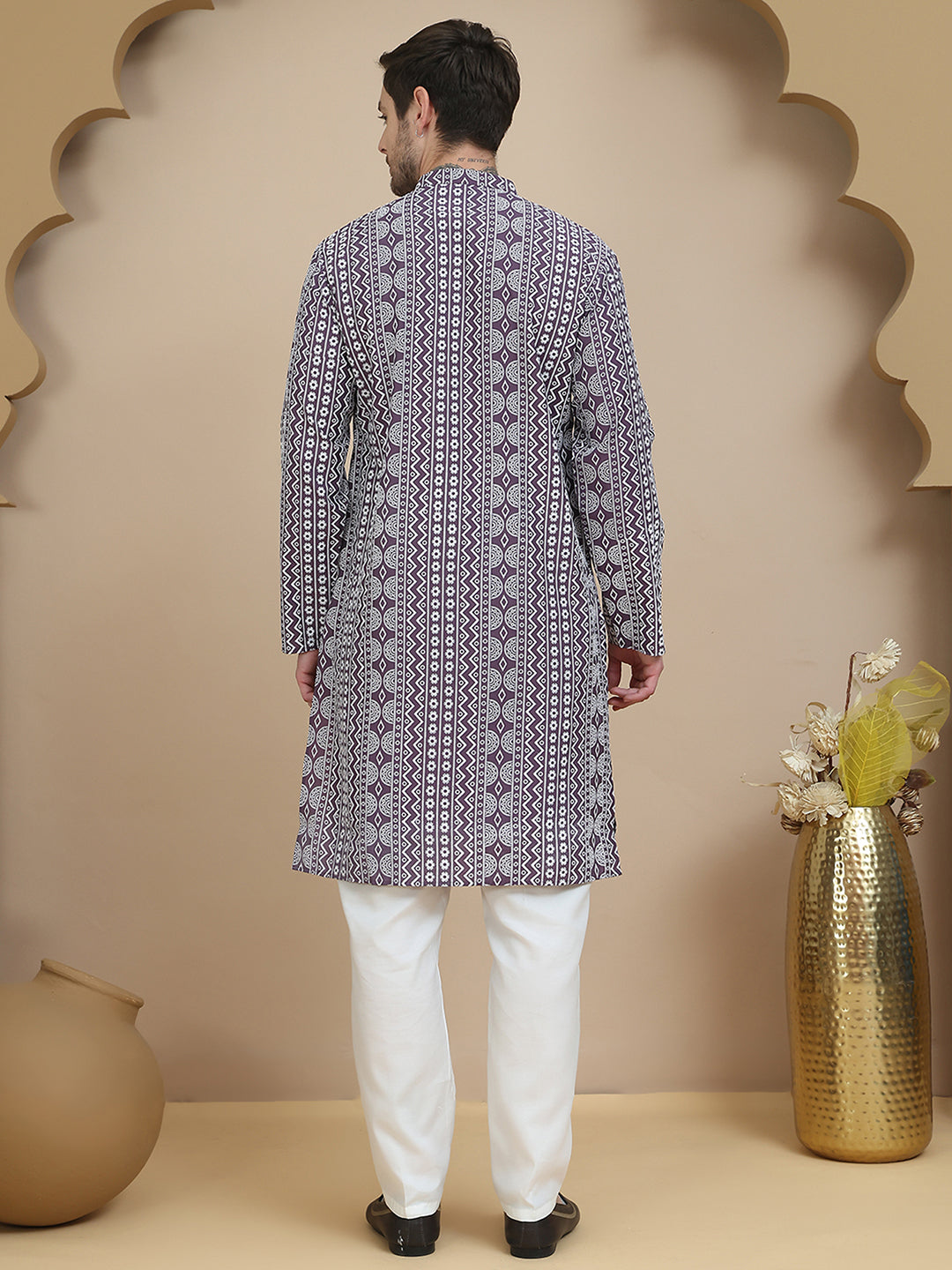 Geometric Print Silk Blend Straight Kurta Set for Men ( JOKP P 5250 Purple )