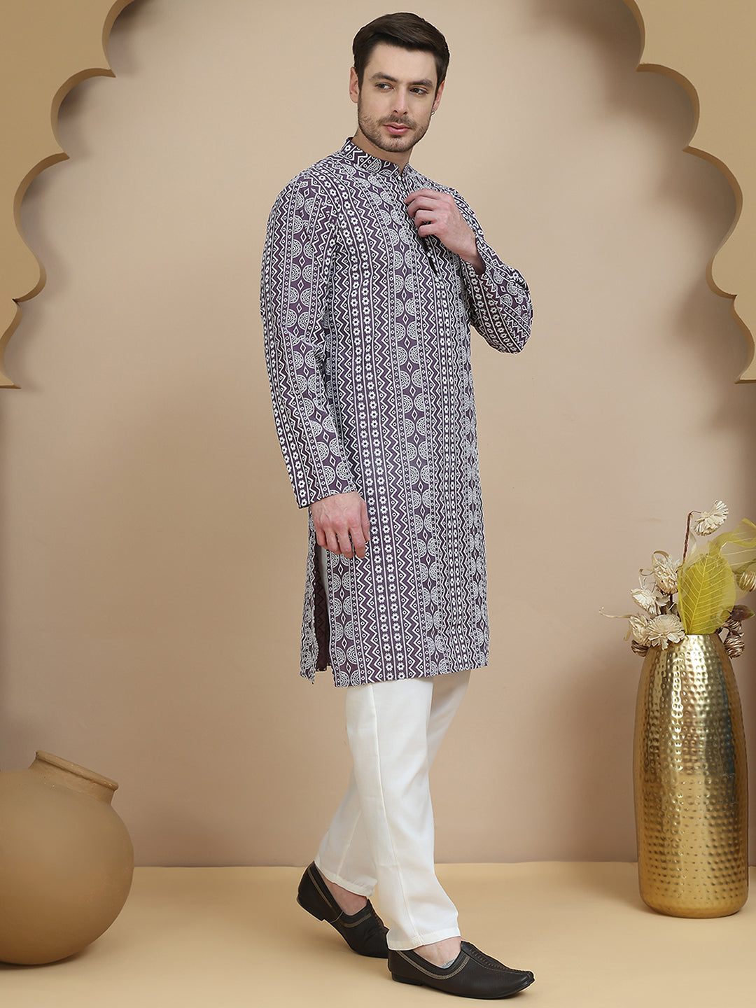Geometric Print Silk Blend Straight Kurta Set for Men ( JOKP P 5250 Purple )