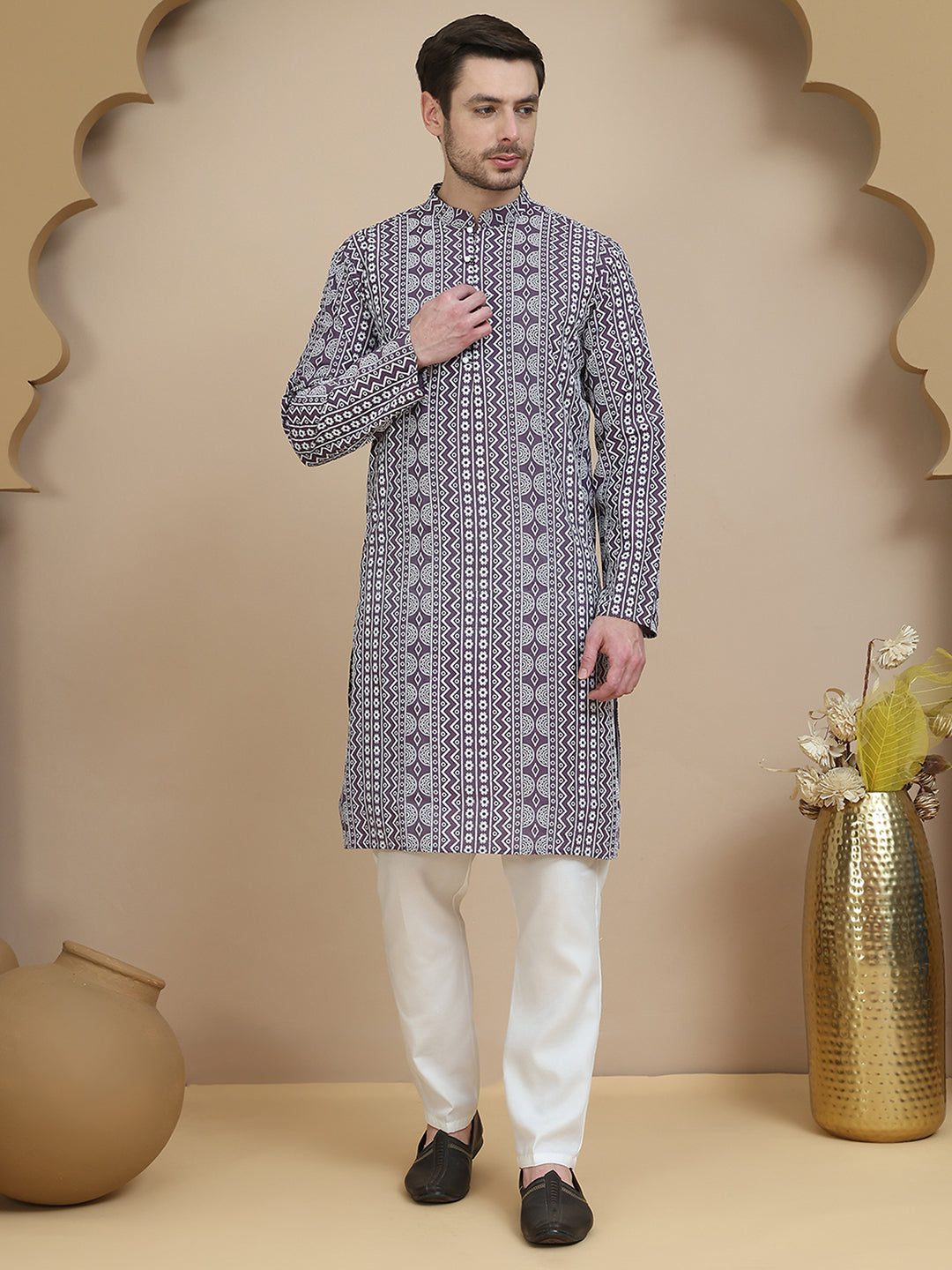 Geometric Print Silk Blend Straight Kurta Set for Men ( JOKP P 5250 Purple )