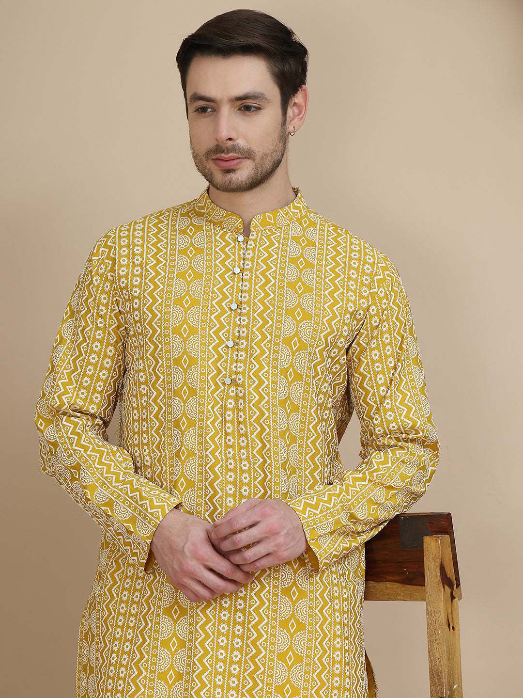 Geometric Print Silk Blend Straight Kurta Set for Men ( JOKP P 5250 Yellow )