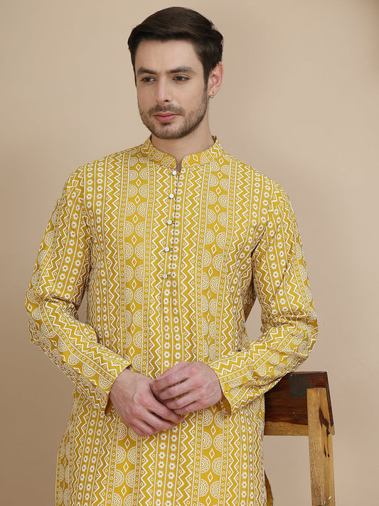 Geometric Print Silk Blend Straight Kurta Set for Men ( JOKP P 5250 Yellow )