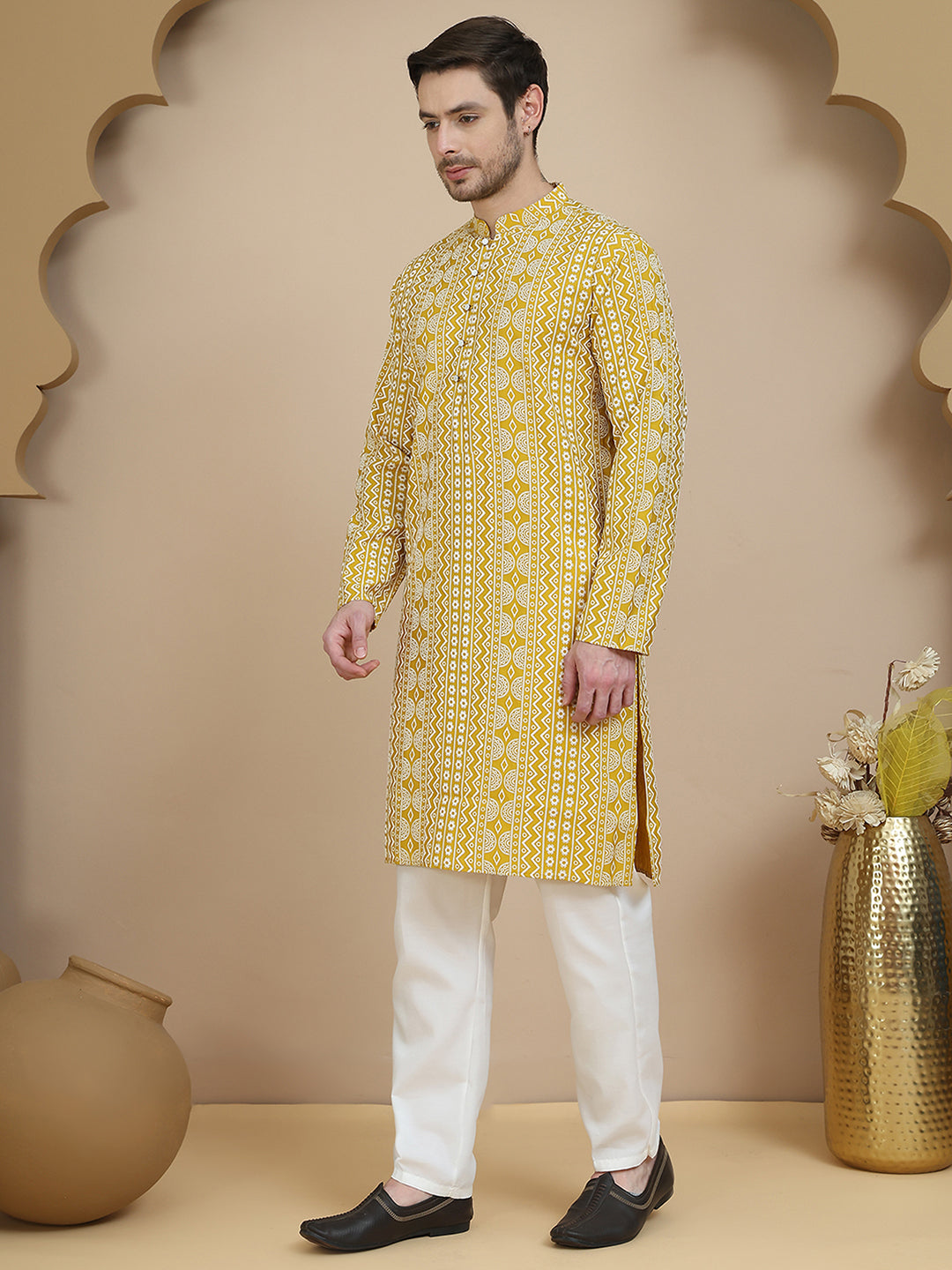 Geometric Print Silk Blend Straight Kurta Set for Men ( JOKP P 5250 Yellow )
