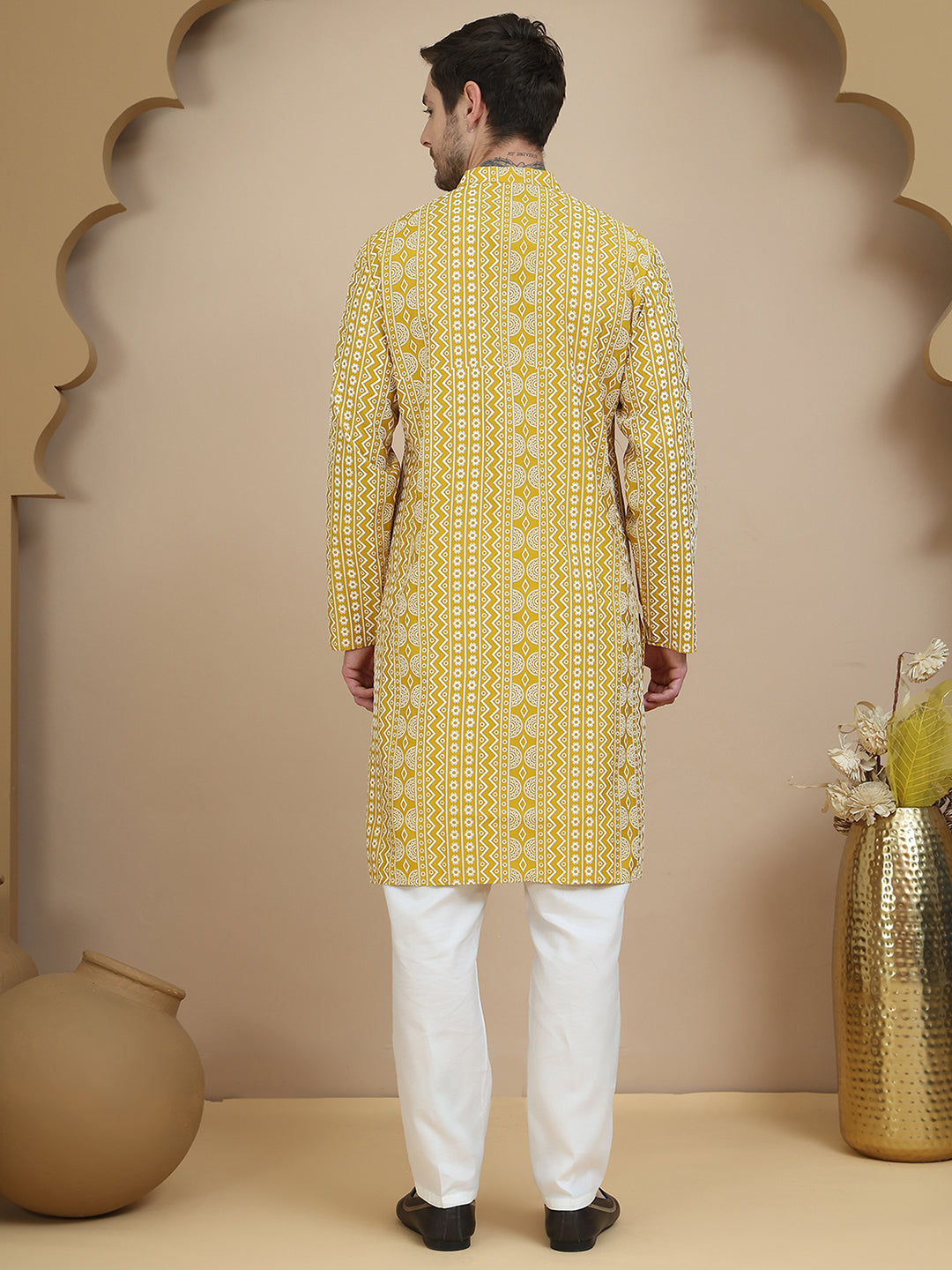 Geometric Print Silk Blend Straight Kurta Set for Men ( JOKP P 5250 Yellow )