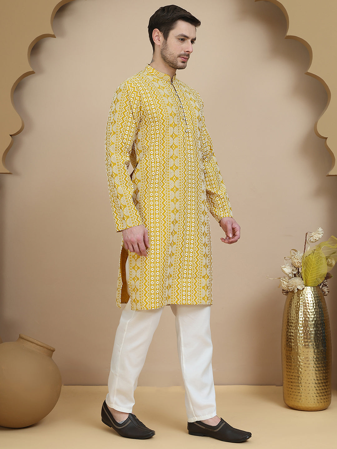 Geometric Print Silk Blend Straight Kurta Set for Men ( JOKP P 5250 Yellow )