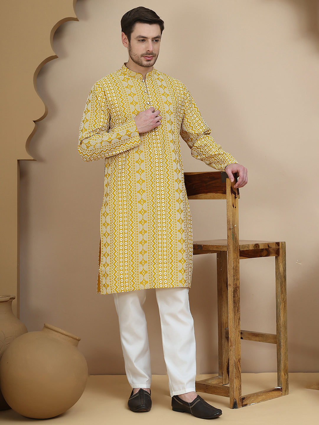 Geometric Print Silk Blend Straight Kurta Set for Men ( JOKP P 5250 Yellow )
