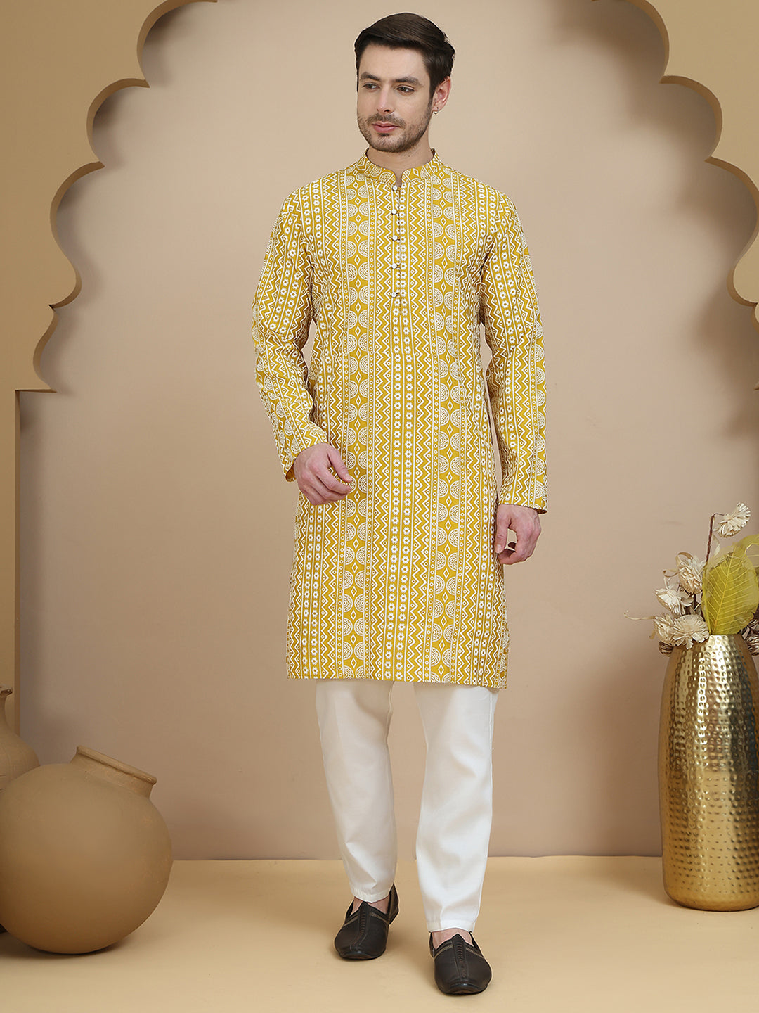 Geometric Print Silk Blend Straight Kurta Set for Men ( JOKP P 5250 Yellow )