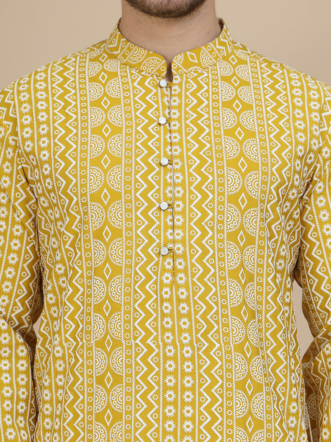 Geometric Print Silk Blend Straight Kurta Set for Men ( JOKP P 5250 Yellow )