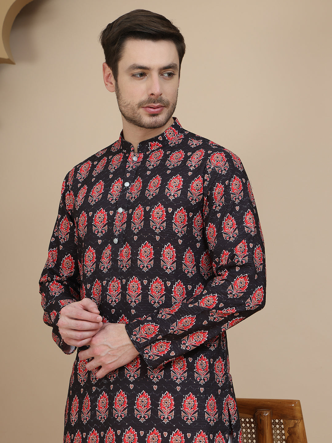 Printed Silk Blend Straight Kurta Set for Men ( JOKP P 5251 Black )