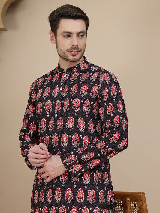 Printed Silk Blend Straight Kurta Set for Men ( JOKP P 5251 Black )