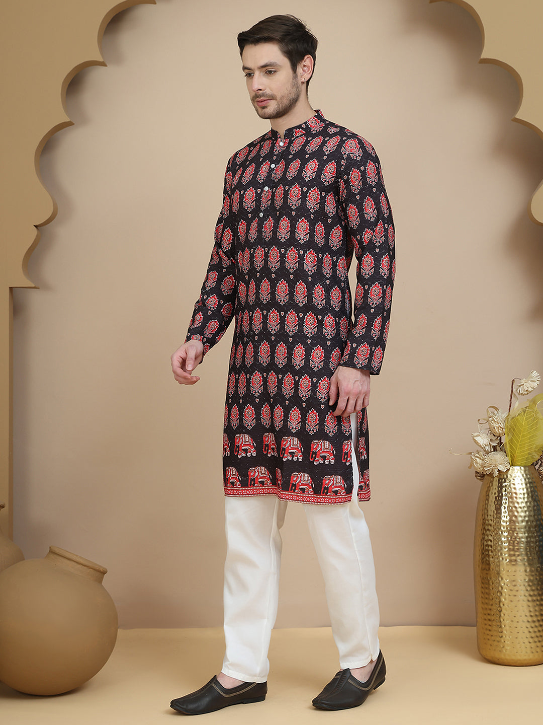 Printed Silk Blend Straight Kurta Set for Men ( JOKP P 5251 Black )