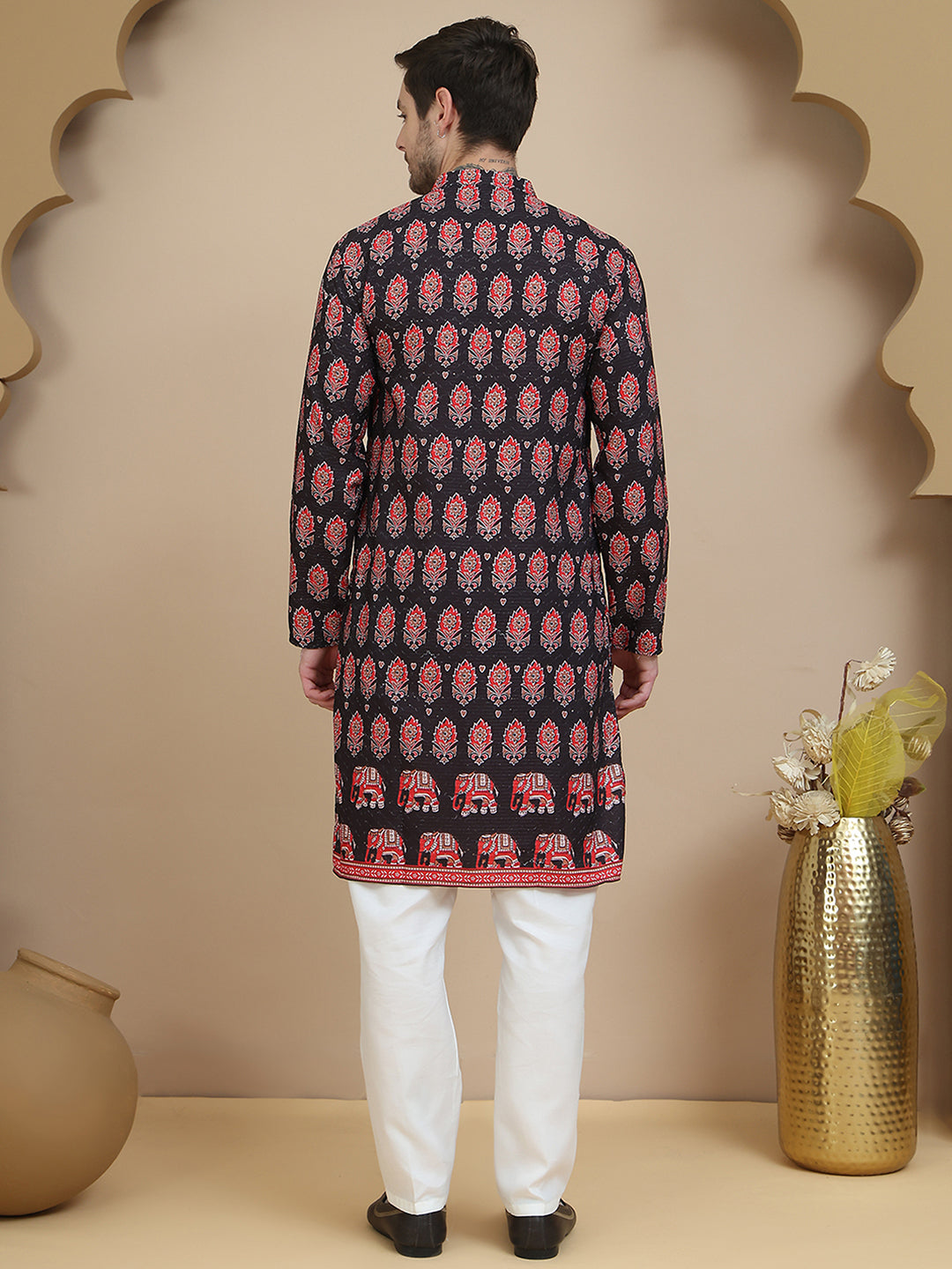 Printed Silk Blend Straight Kurta Set for Men ( JOKP P 5251 Black )