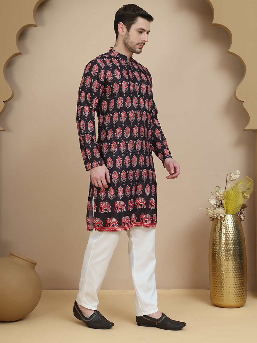 Printed Silk Blend Straight Kurta Set for Men ( JOKP P 5251 Black )