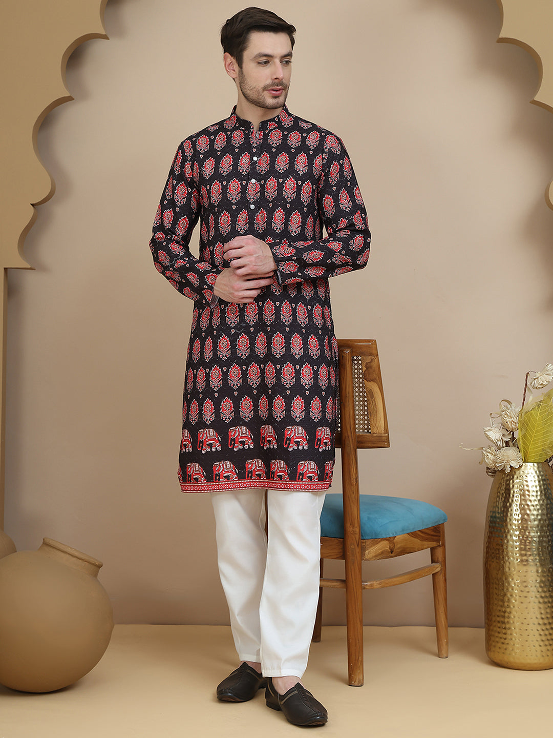 Printed Silk Blend Straight Kurta Set for Men ( JOKP P 5251 Black )