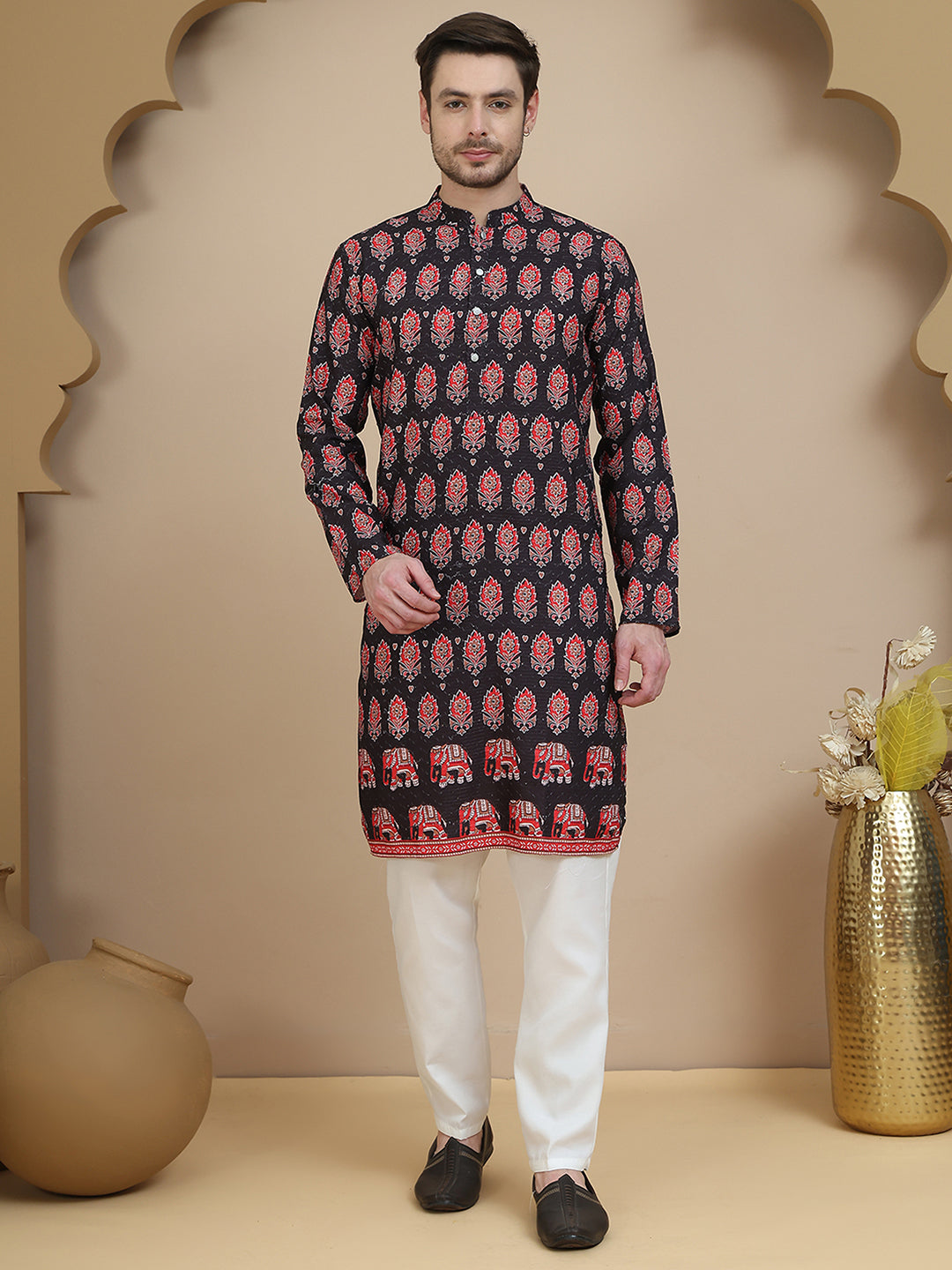 Printed Silk Blend Straight Kurta Set for Men ( JOKP P 5251 Black )