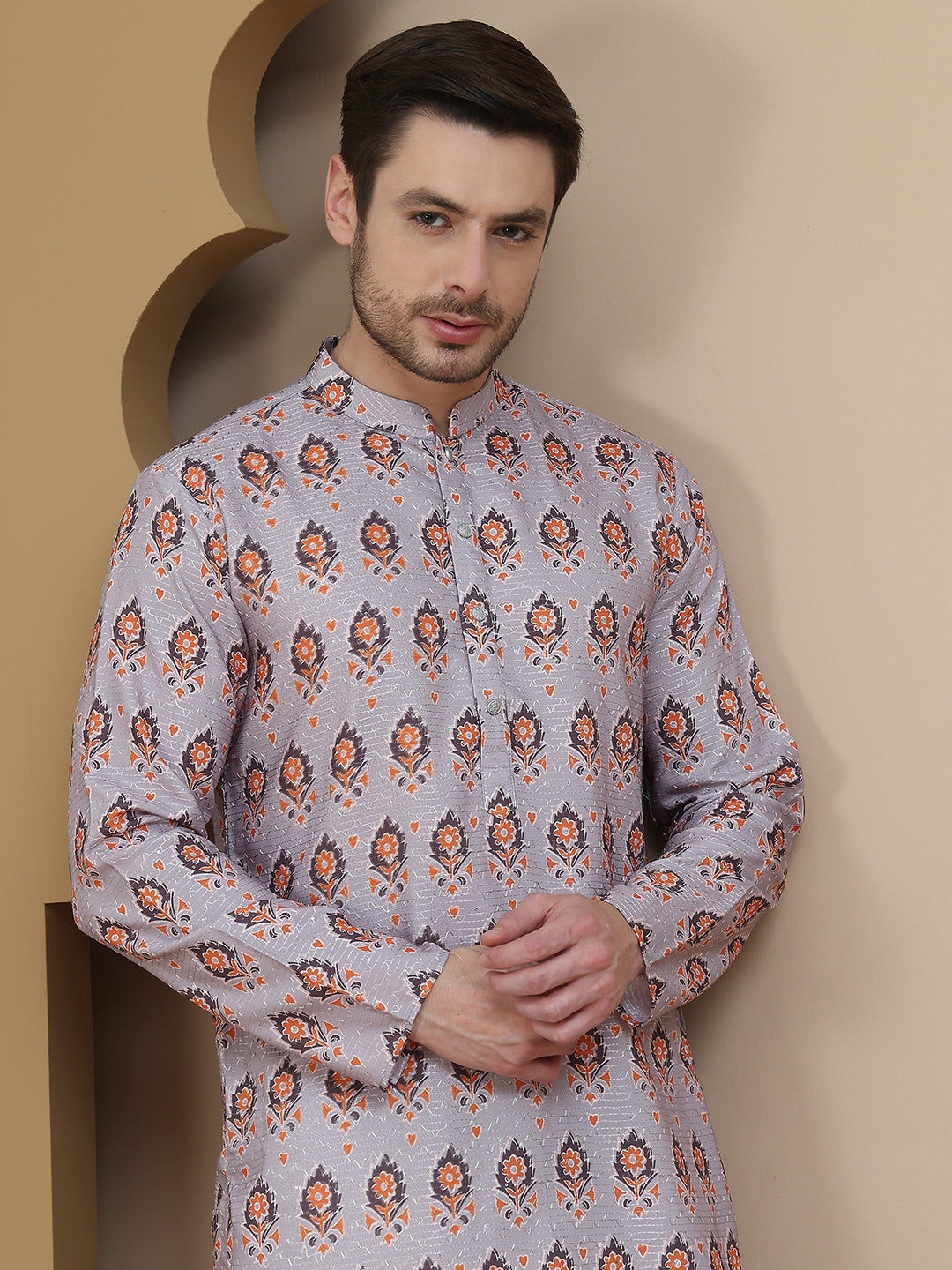 Printed Silk Blend Straight Kurta Set for Men ( JOKP P 5251 Grey )