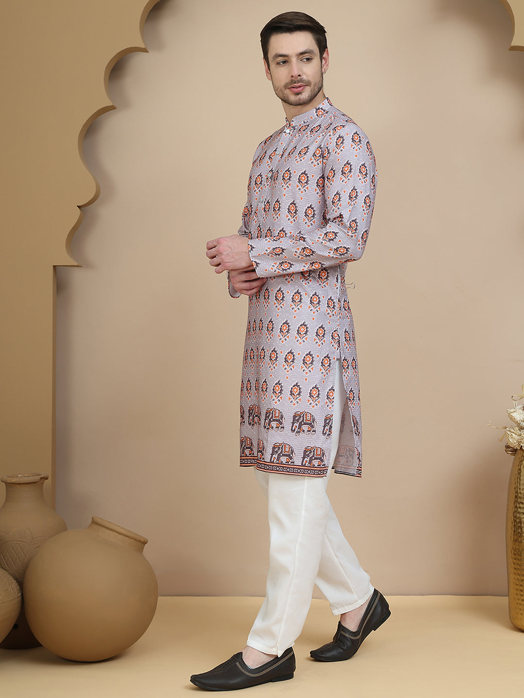 Printed Silk Blend Straight Kurta Set for Men ( JOKP P 5251 Grey )