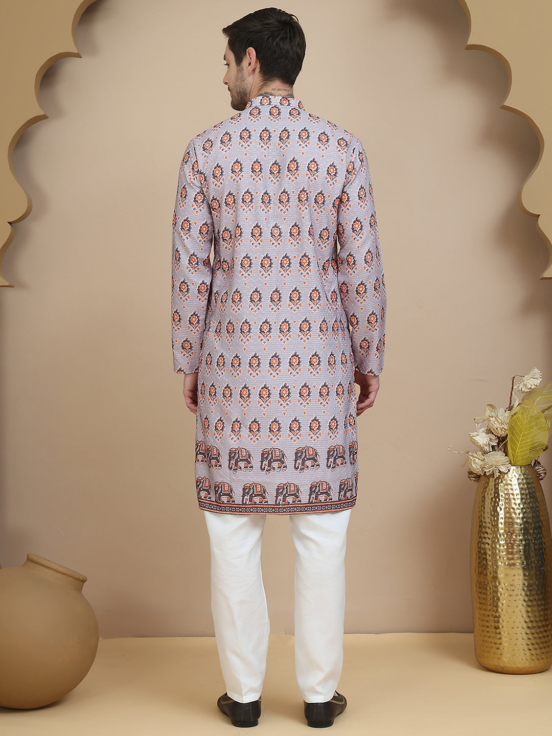 Printed Silk Blend Straight Kurta Set for Men ( JOKP P 5251 Grey )