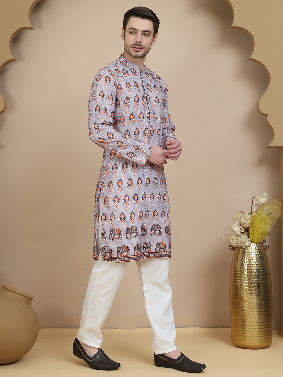 Printed Silk Blend Straight Kurta Set for Men ( JOKP P 5251 Grey )