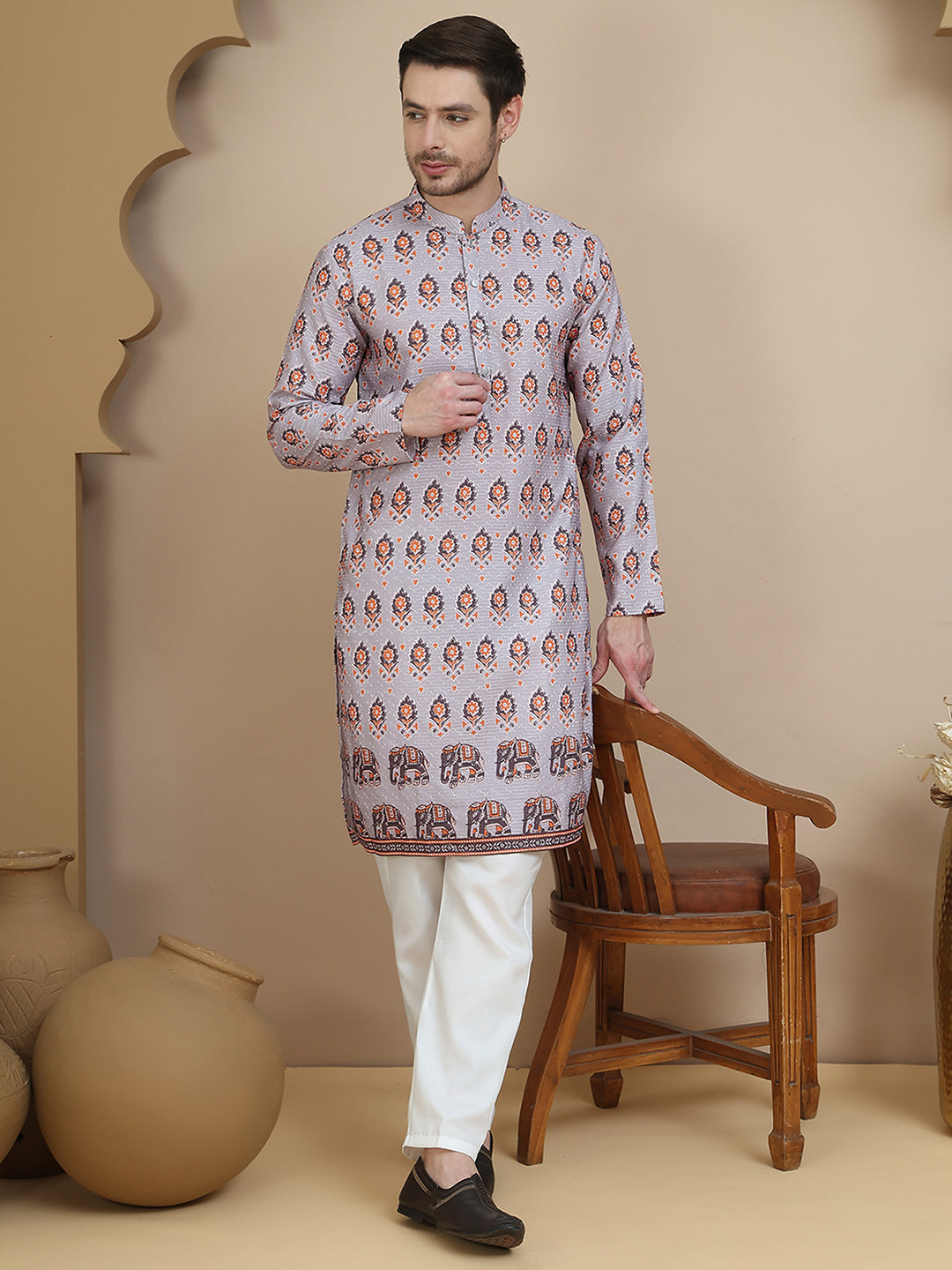 Printed Silk Blend Straight Kurta Set for Men ( JOKP P 5251 Grey )