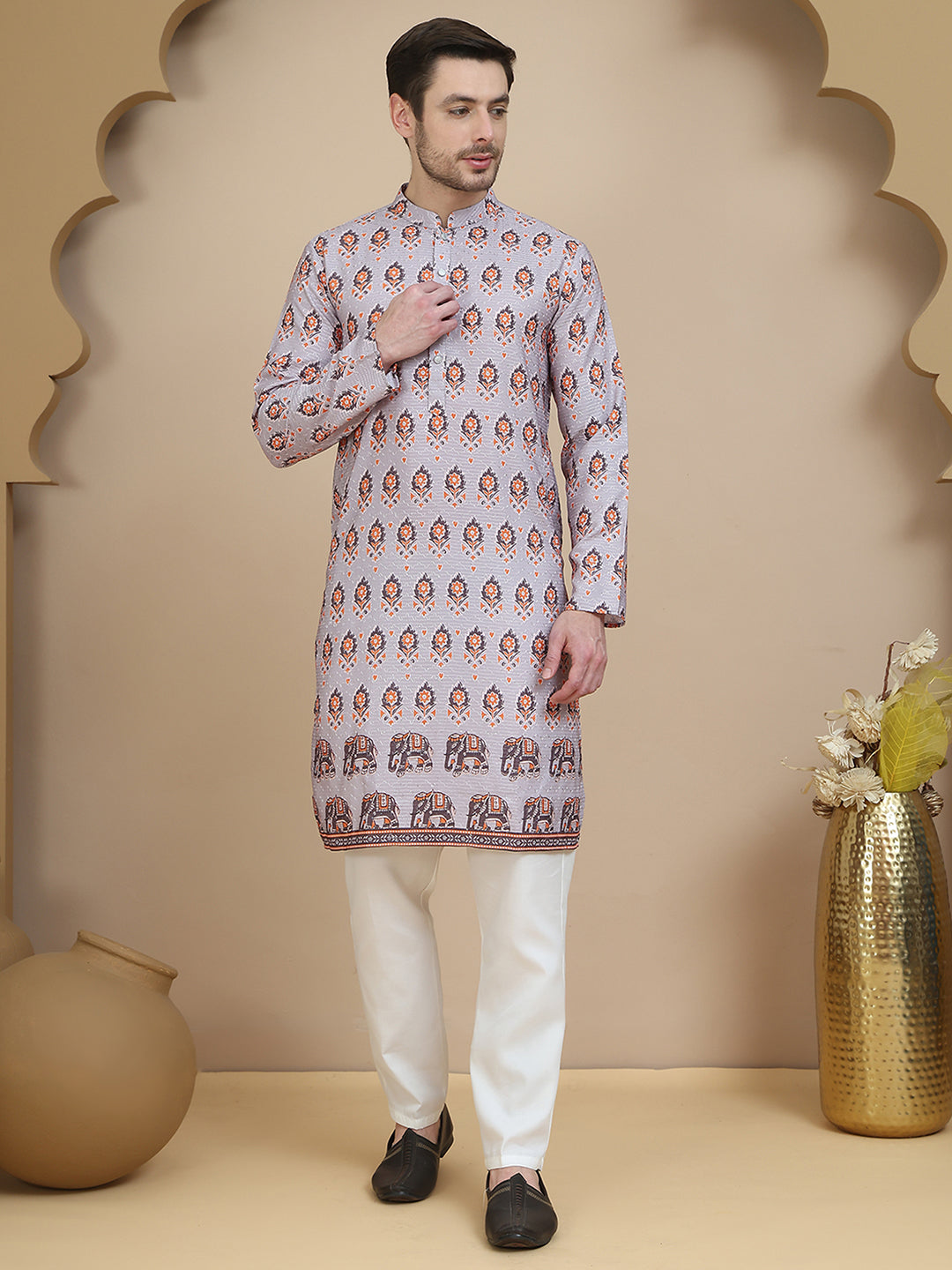 Printed Silk Blend Straight Kurta Set for Men ( JOKP P 5251 Grey )