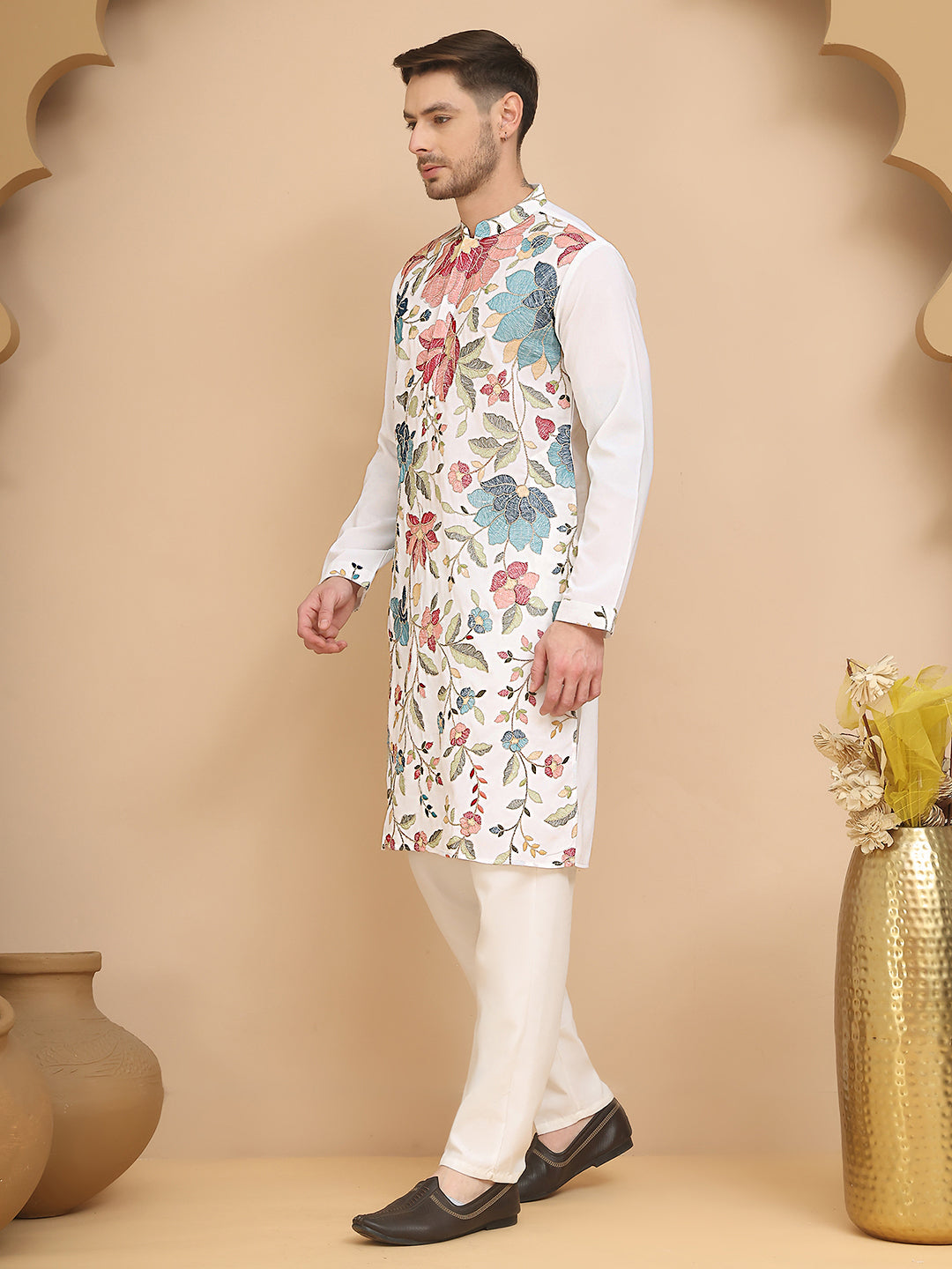 White Embroidered Kurta Set with Sequins & Zari Work ( JOKP P 5255 White )