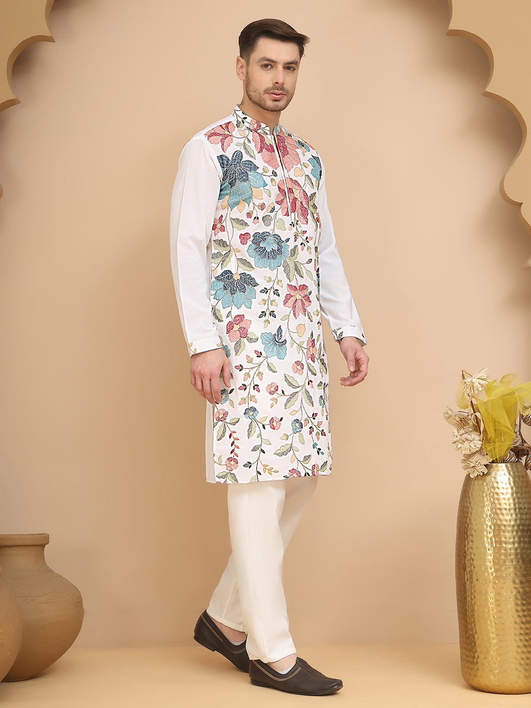 White Embroidered Kurta Set with Sequins & Zari Work ( JOKP P 5255 White )