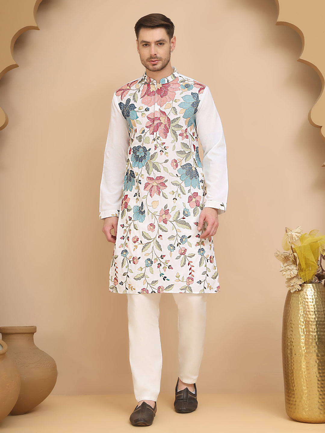 White Embroidered Kurta Set with Sequins & Zari Work ( JOKP P 5255 White )