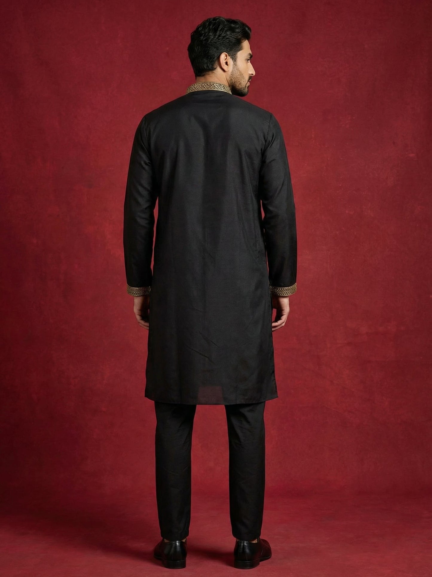 Silk Blend Kurta Pyjama Set with Golden Eagle Embroidery ( JOKP B-P 5256Black )
