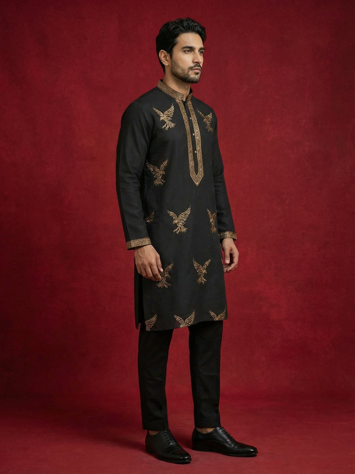 Silk Blend Kurta Pyjama Set with Golden Eagle Embroidery ( JOKP B-P 5256Black )