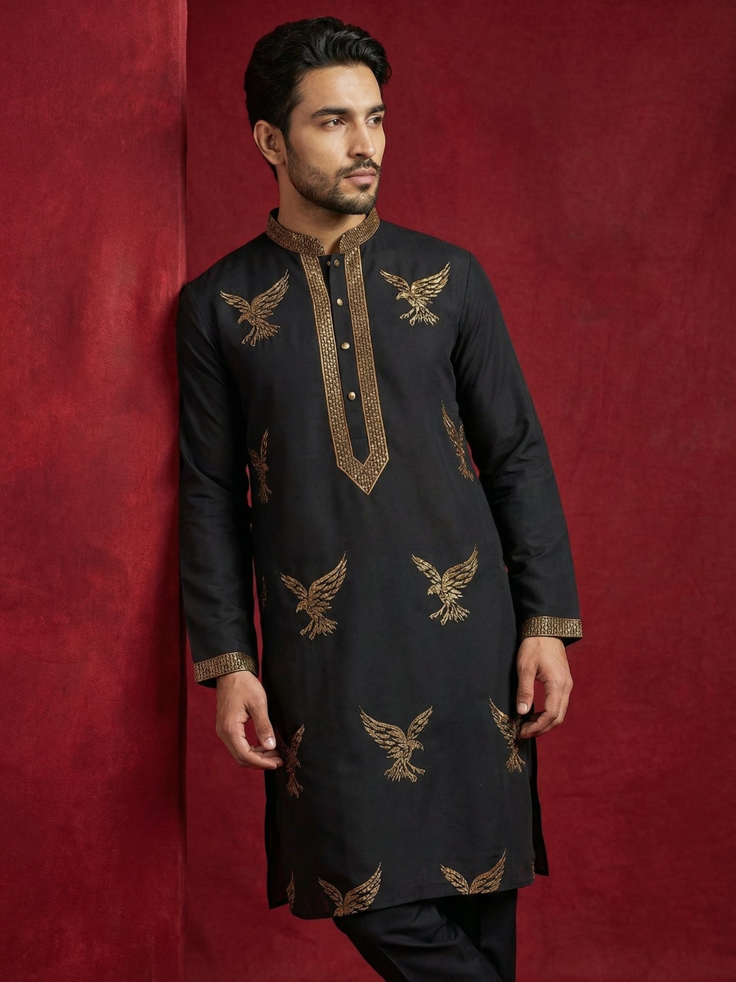 Silk Blend Kurta Pyjama Set with Golden Eagle Embroidery ( JOKP B-P 5256Black )