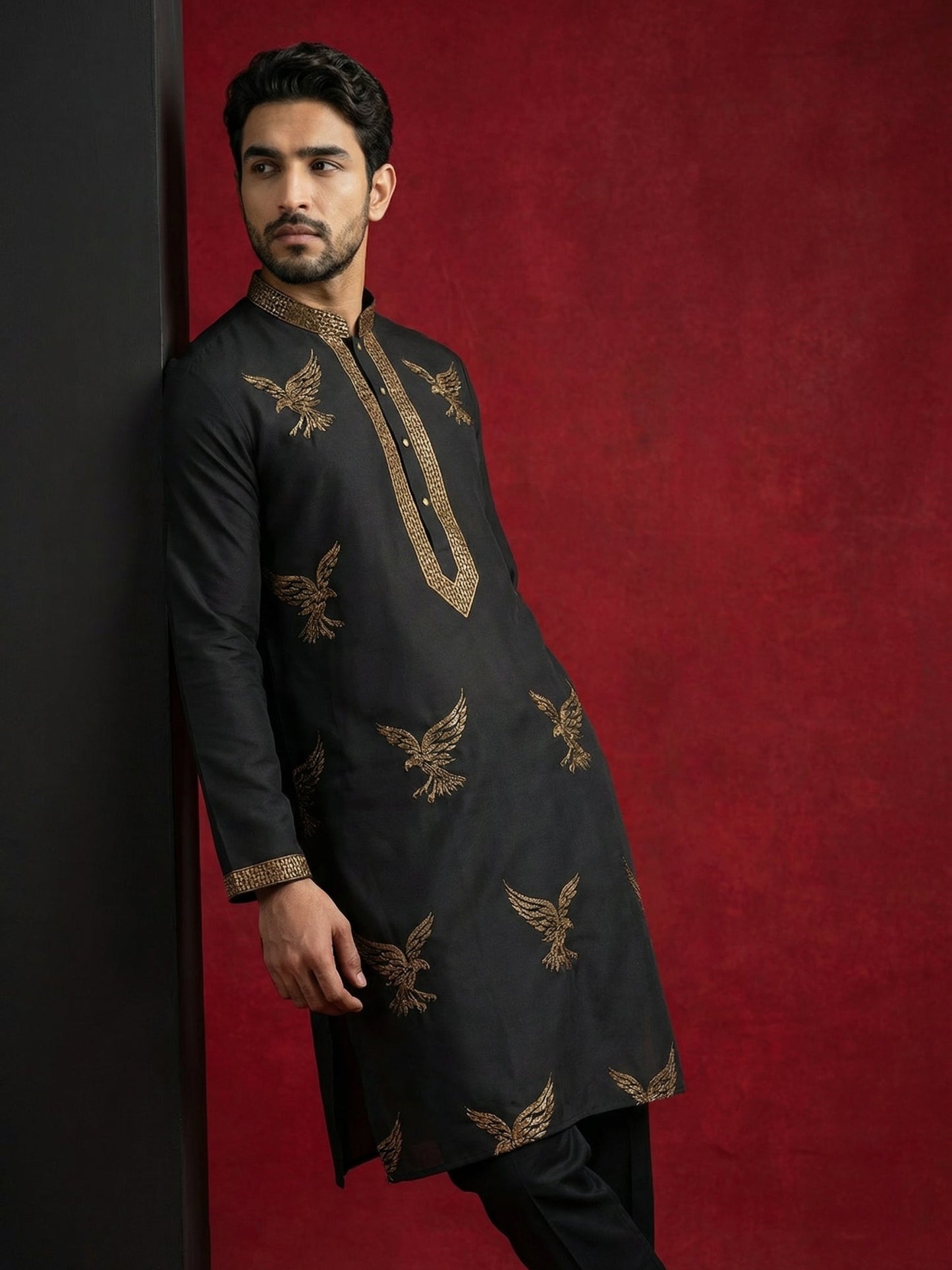 Silk Blend Kurta Pyjama Set with Golden Eagle Embroidery ( JOKP B-P 5256Black )