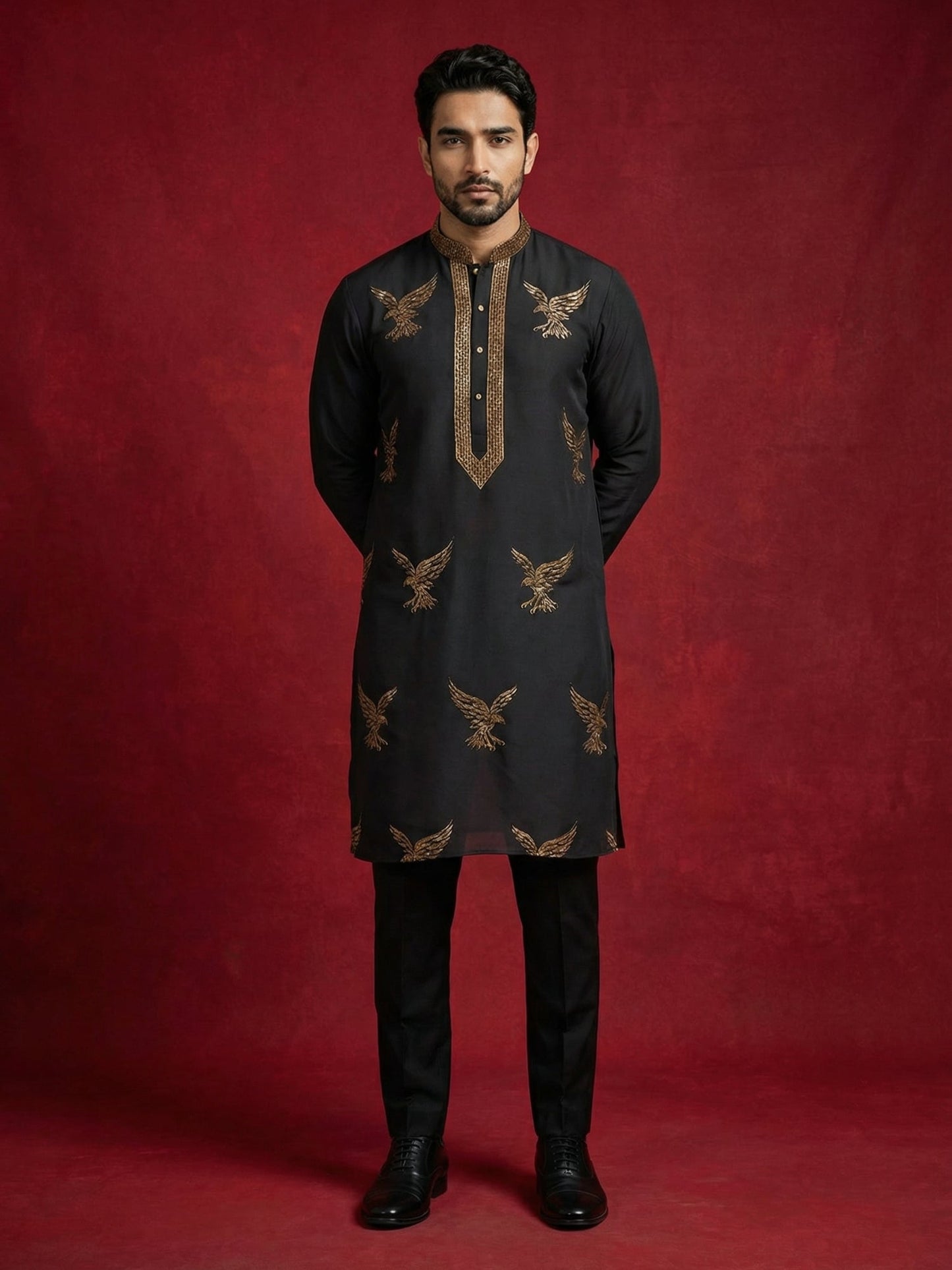 Silk Blend Kurta Pyjama Set with Golden Eagle Embroidery ( JOKP B-P 5256Black )