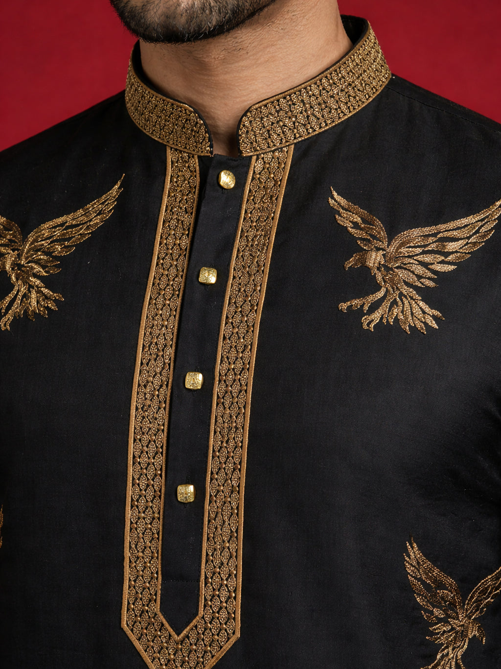 Silk Blend Kurta Pyjama Set with Golden Eagle Embroidery ( JOKP B-P 5256Black )