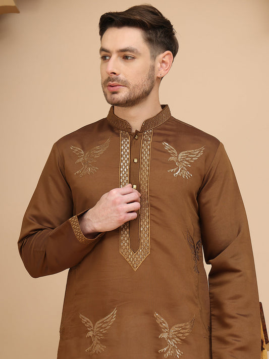 Silk Blend Kurta Pyjama Set with Golden Eagle Embroidery ( JOKP P 5256 Brown )